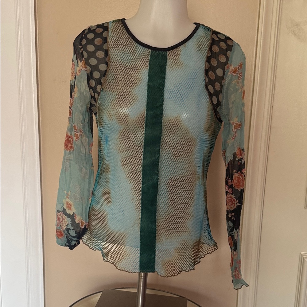 Hale Bob Multicolor Mesh Blouse with Floral and Polka Dot Design